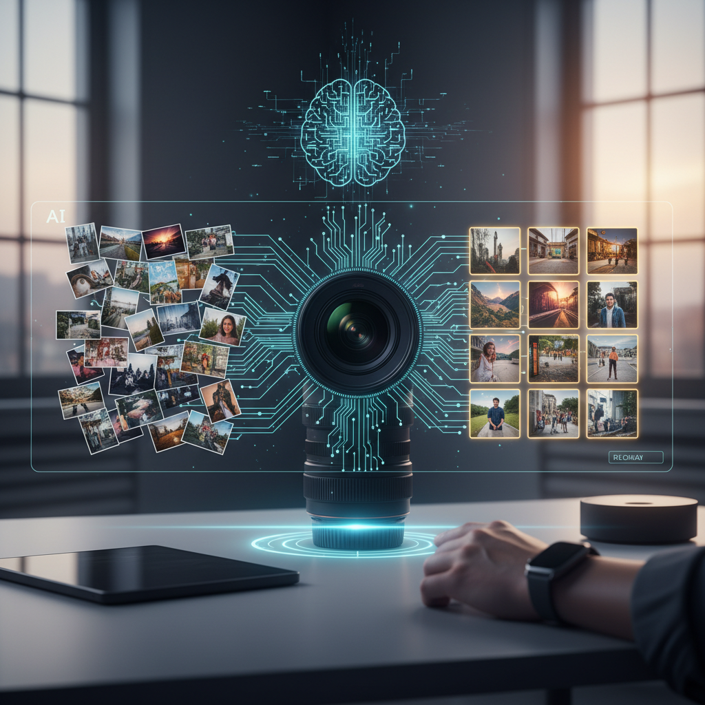 An abstract depiction of AI processing images, with geometric shapes and subtle glow, symbolizing smart selection.