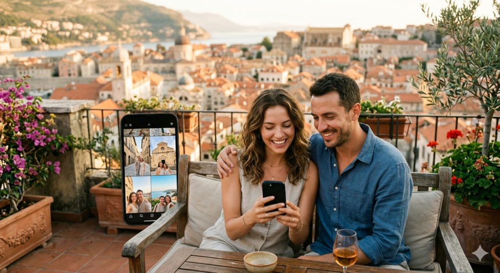 Couple looking at travel photos together on a rooftop at golden hour — how to preserve travel memories