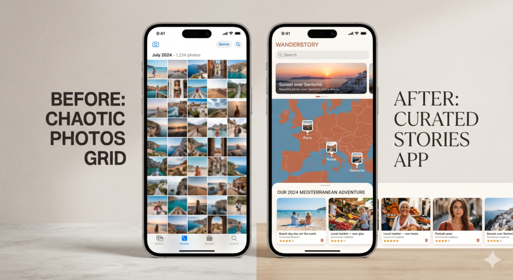 Comparison of chaotic phone camera roll versus organized AI travel album showing best way to preserve travel memories