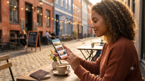 Traveler using a travel storytelling app on her phone — the best Polarsteps alternative for preserving travel memories in 2026