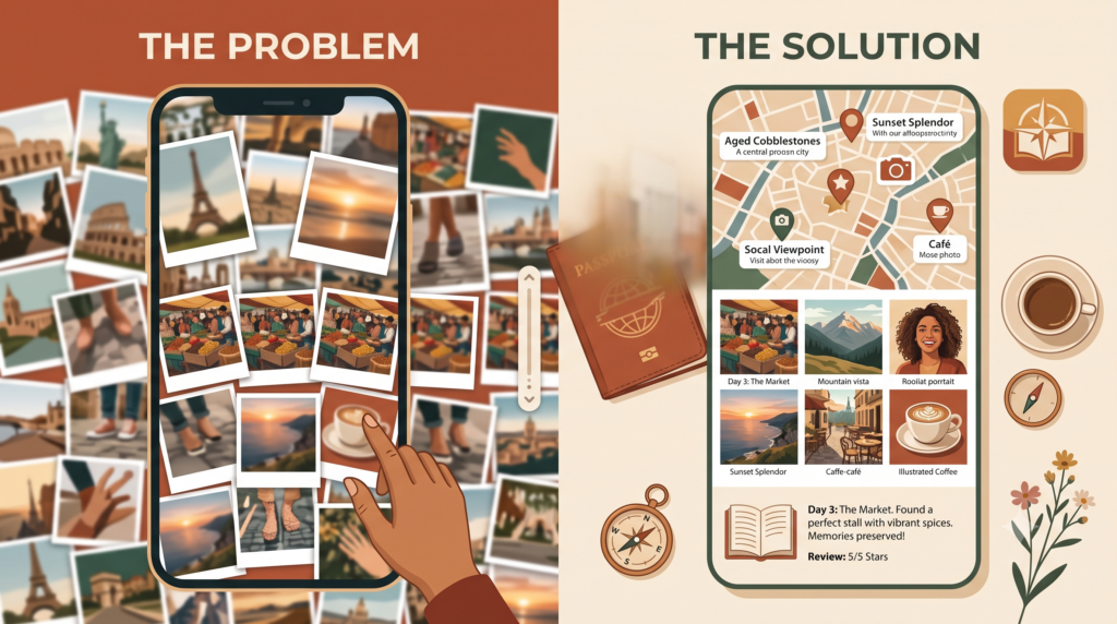 Comparison between a disorganized travel photo gallery and a beautifully curated AI travel journal — why travelers switch from Polarsteps