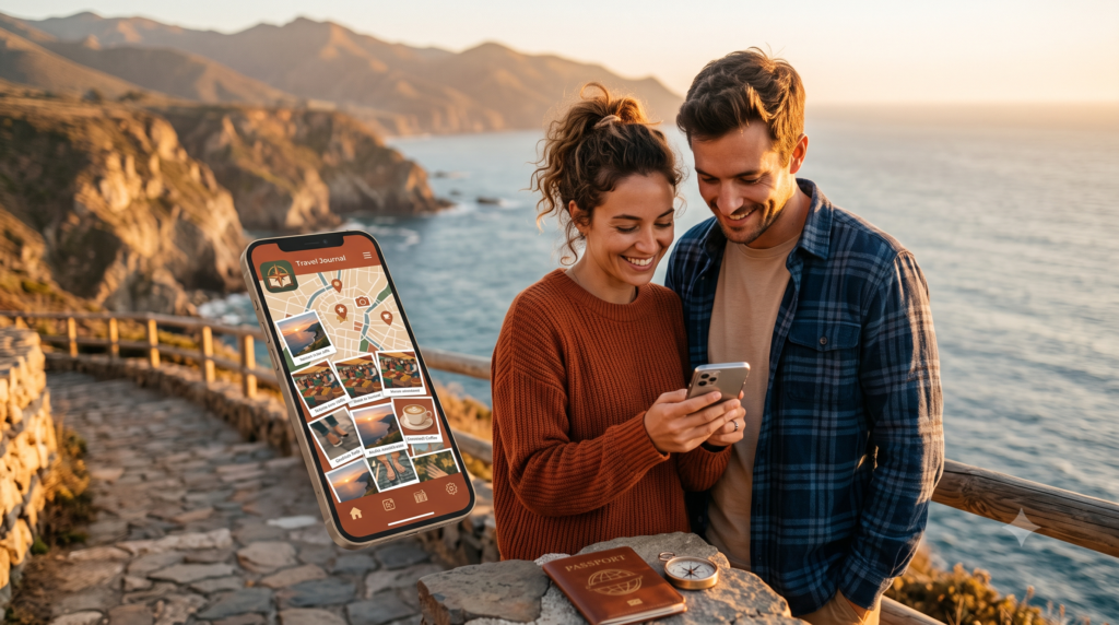 Couple reliving their travel memories using Trippy Taless — the best AI travel storytelling app and Polarsteps alternative in 2026