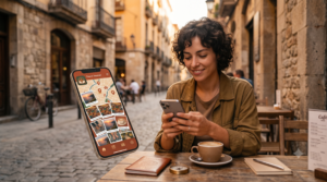 Traveler reviewing the best travel journal app on their phone at a café in 2026