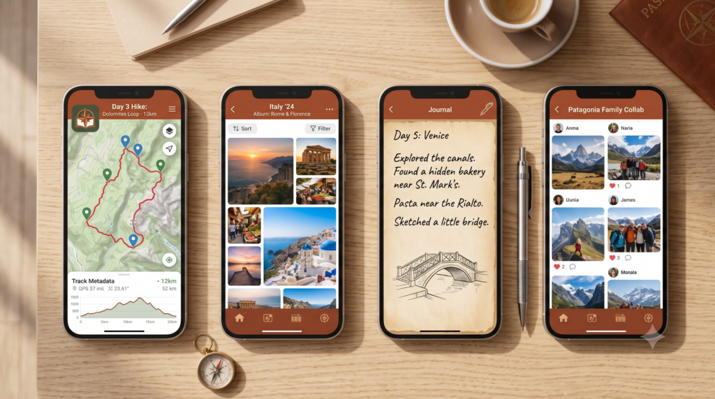 Four different travel journal app interfaces compared side by side — showing GPS tracking, photo albums, text journals, and collaborative features