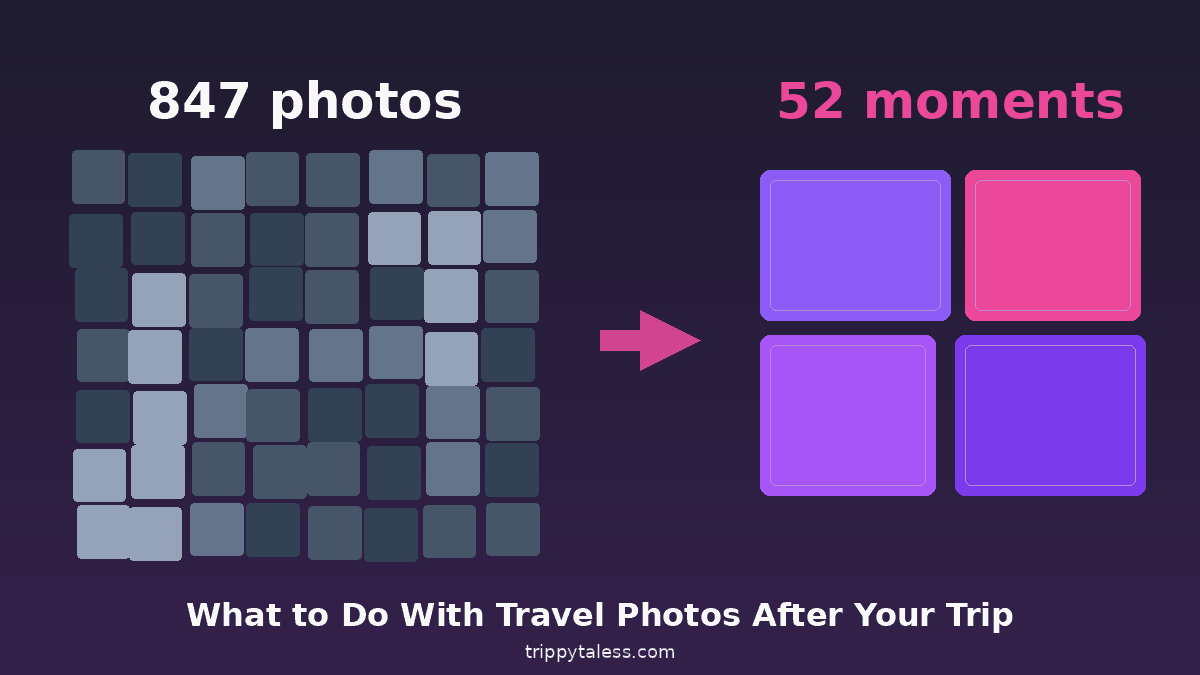 what to do with travel photos after your trip — 847 photos sorted into 52 moments
