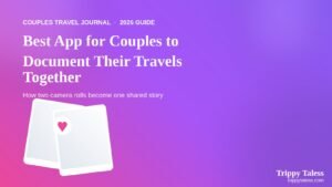 Couple's travel journal app hero graphic showing two merged photo cards and the headline Best App for Couples to Document Their Travels Together