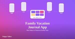 Family travel journal app hero graphic showing four family members' photo streams merging into one shared travel album.