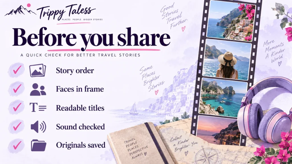 Travel highlight video review checklist: story order, faces in frame, readable titles, sound checked and originals saved.