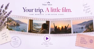 Travel highlight video collage with mountain, seaside and train-window memories and the words Your trip. A little film.