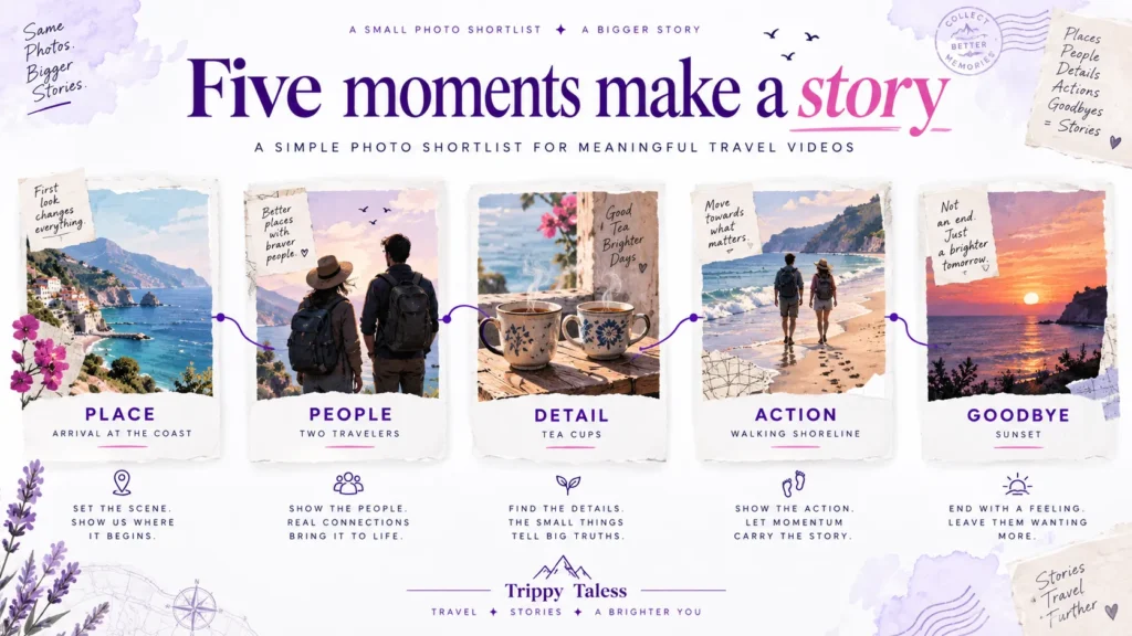 Five moments for a travel video story: place, people, detail, action and goodbye, illustrated with travel photographs.