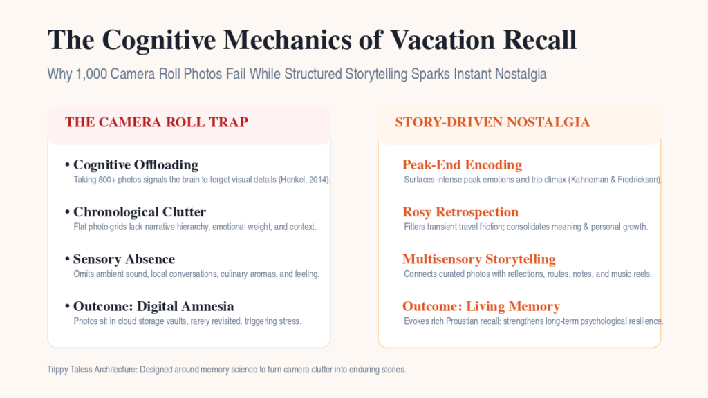 How to preserve travel memories diagram comparing camera roll clutter with story-driven travel nostalgia psychology