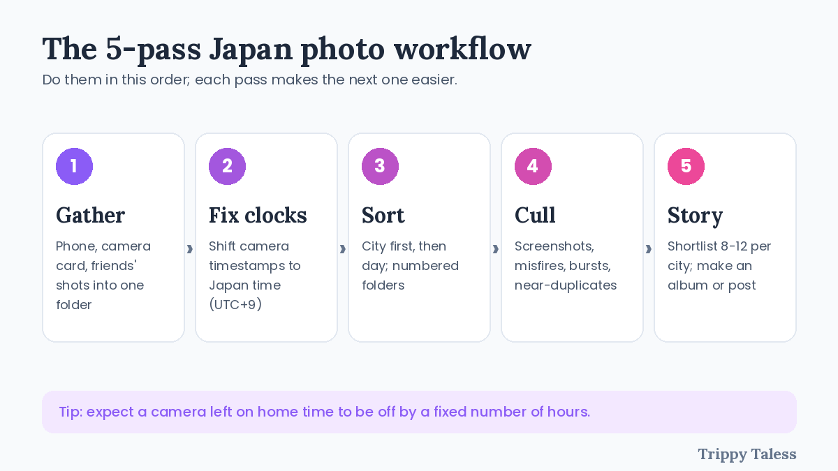 Five-step workflow to organize Japan trip photos: gather, fix clocks, sort, cull, story
