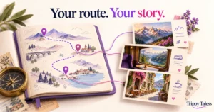 Polarsteps vs Trippy Taless concept: a mapped travel journal connected to selected photo-story cards.
