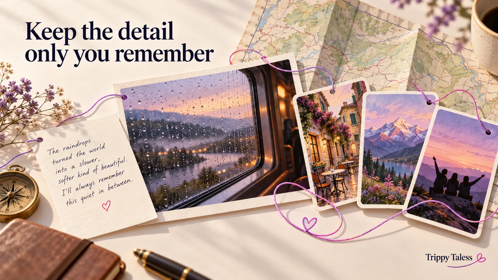 Illustrated travel photos and a personal note connected by a purple thread.