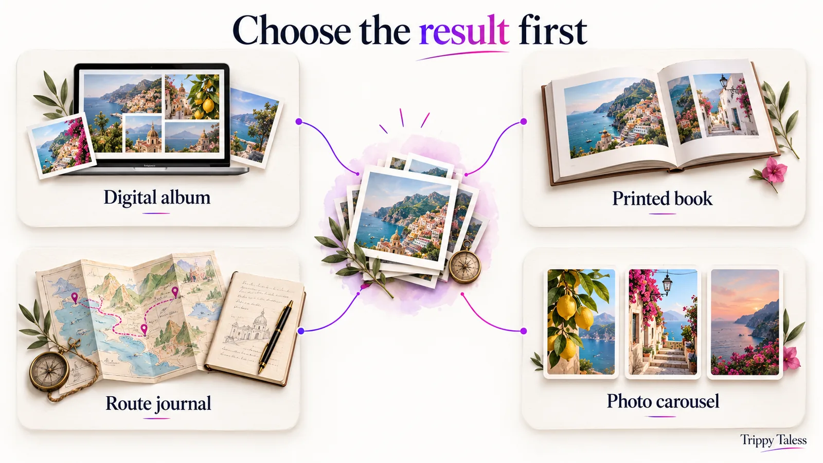 Four conceptual travel album formats: digital album, printed book, route journal, and photo carousel.